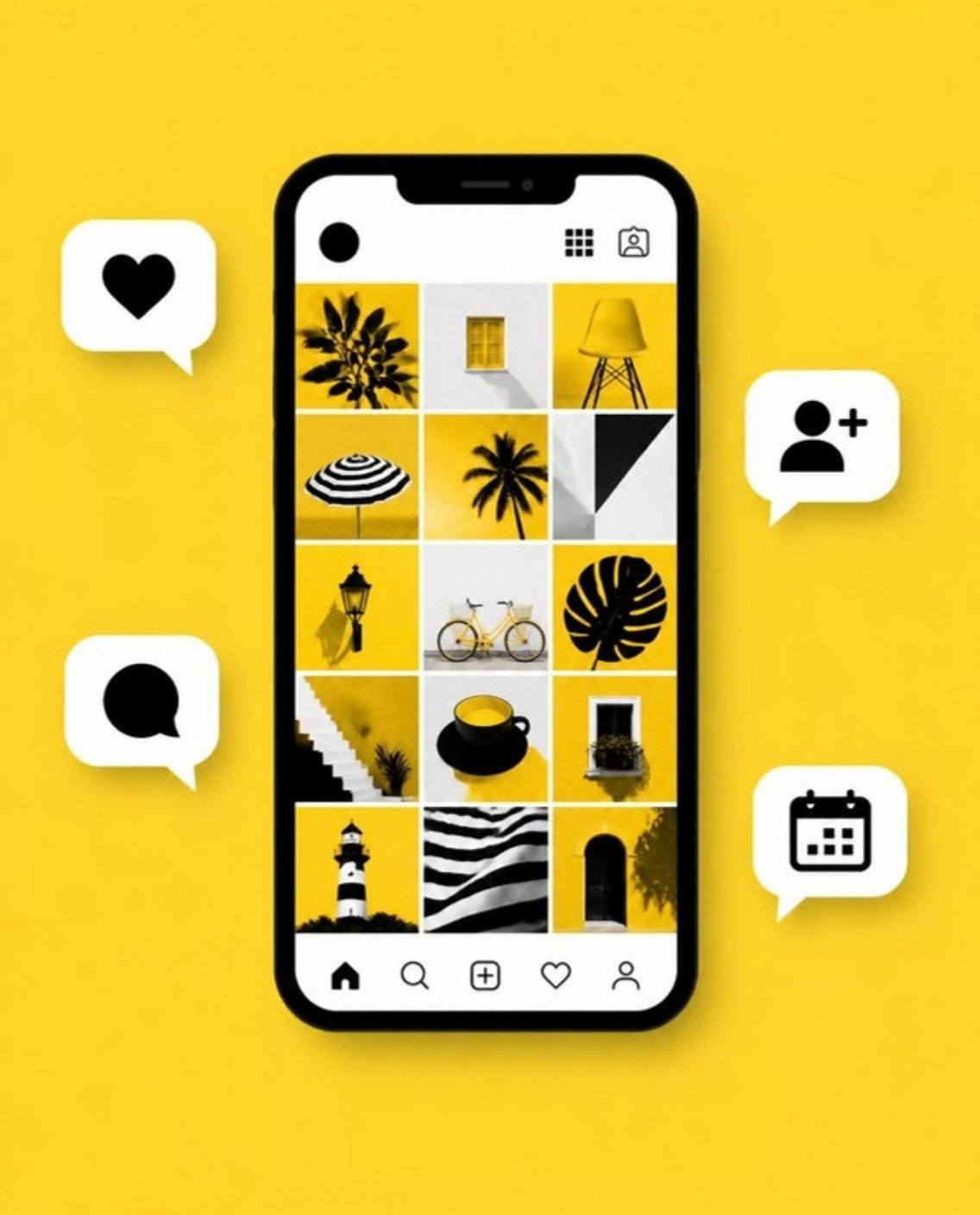 Ilustración de un celular con un feed de Instagram y notificaciones de redes sociales