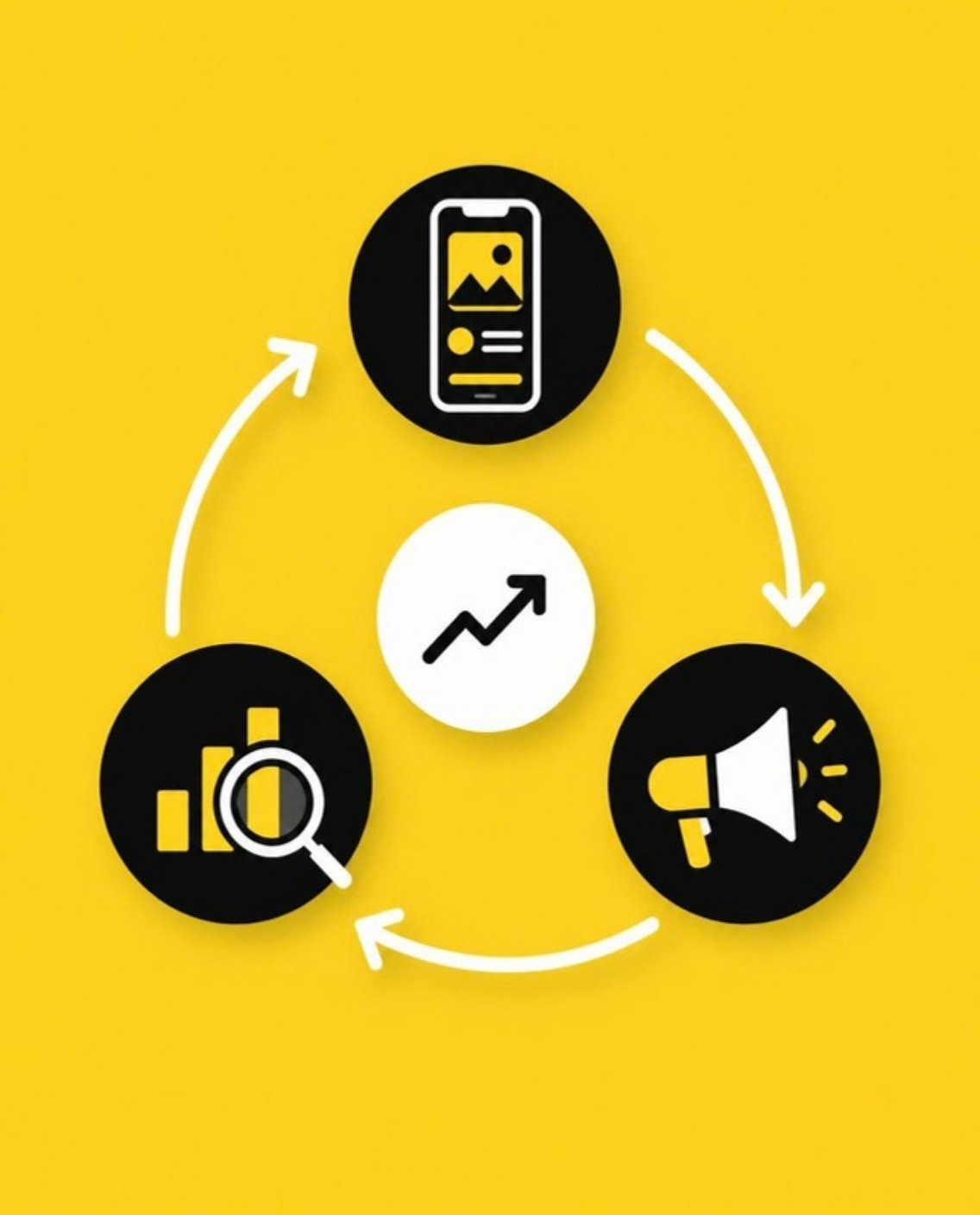 Ilustración de contenido, publicidad y análisis de datos conectados en un ciclo de crecimiento