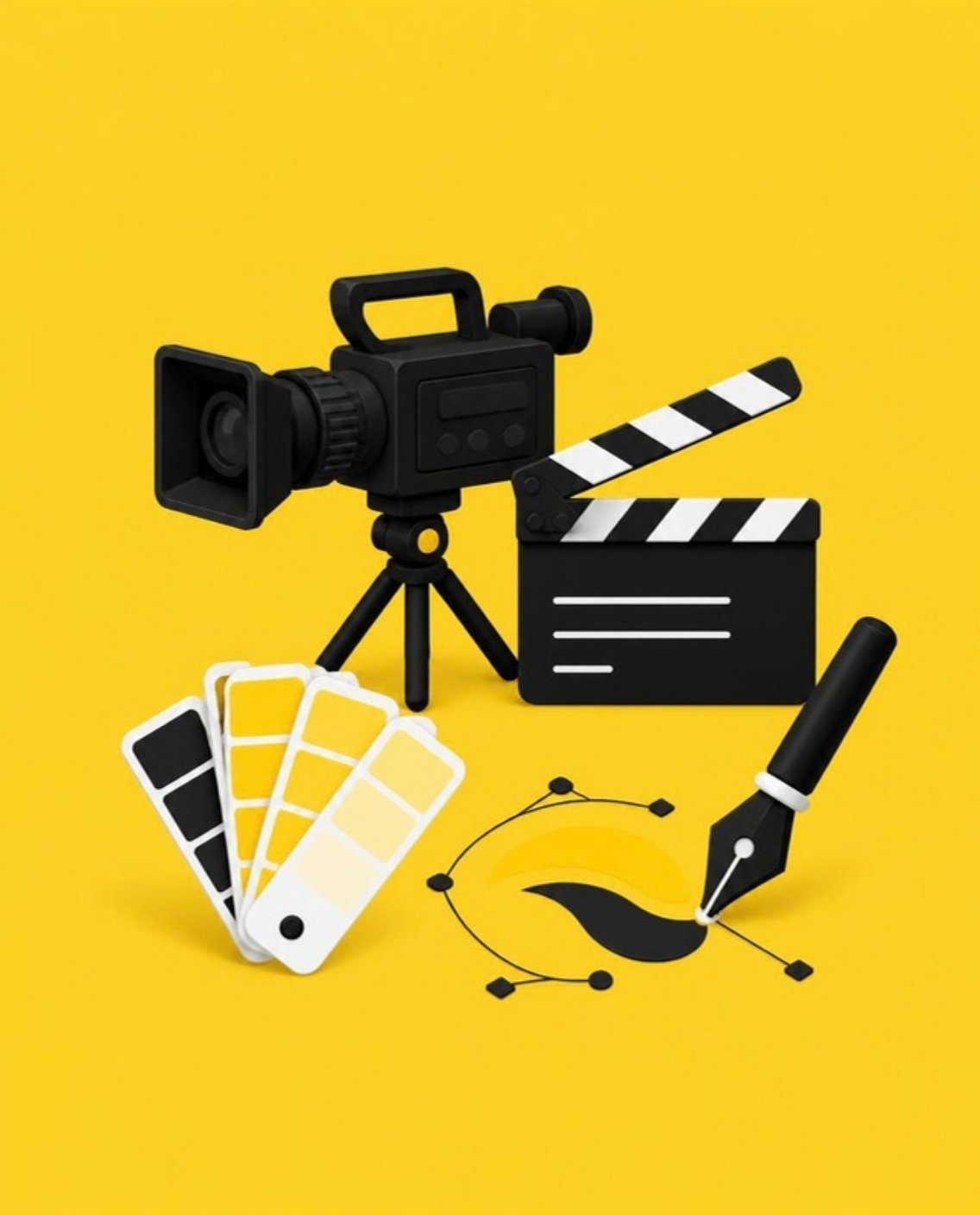 Ilustración de una cámara de video, una claqueta y muestras de color para producción de contenido