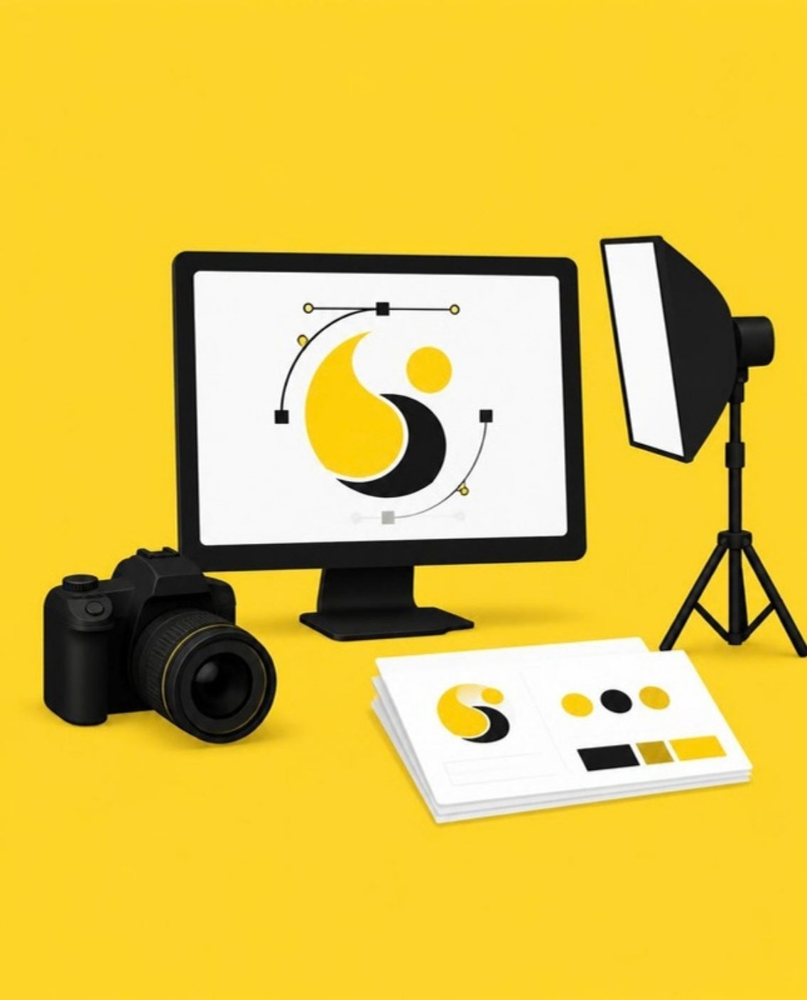Ilustración de un monitor con un logo en diseño, una cámara y una guía de marca